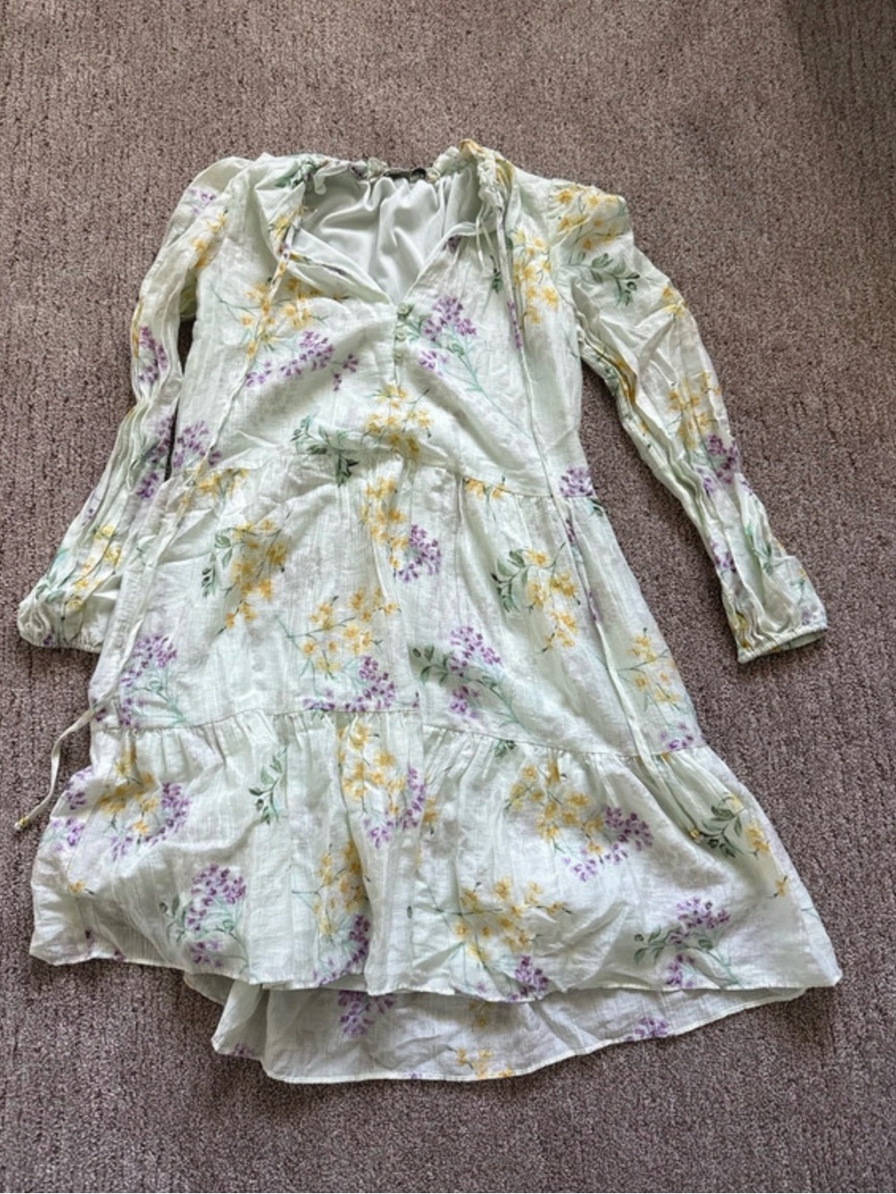 Ann Taylor Light Green Floral Mini Dress with Yellow and Purple Accents
